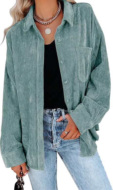 GOORY Womens Corduroy Shirts Casual Loose Button Down Shacket Jacket Long Sleeve Pocket Blouse To... | Amazon (US)