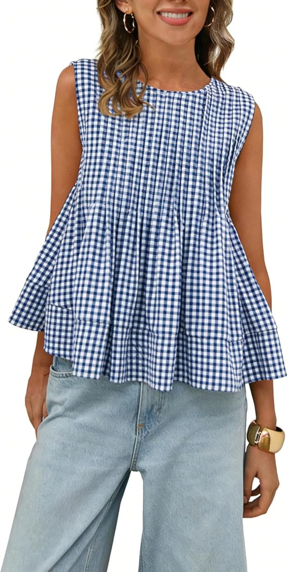 Women's Gingham Pleated Peplum Tank Tops Crew Neck Y2K Sleeveless Blouse Plaid Babydoll Tshirt | Amazon (US)