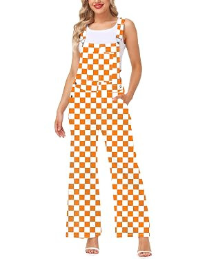 Womens Checkered Denim Bib Overalls Wide Leg Plaid Jean Pants with Pockets | Amazon (US)