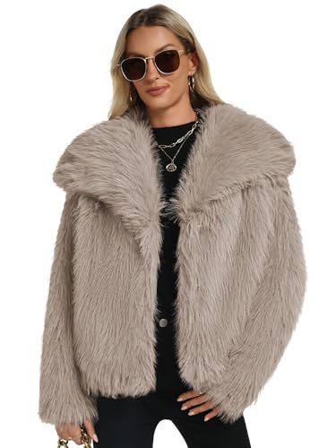 Funlingo Faux Fur Coat for Women Winter Warm Long Sleeve Cropped Jakcet Trendy Lapel Shaggy Outerwear Khaki L | Amazon (US)