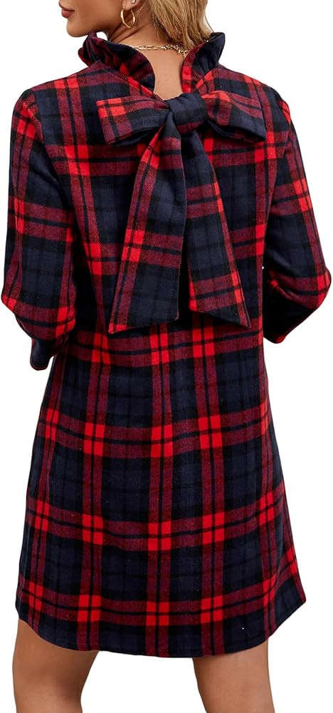 Women's Fall Plaid Dress Bow Tie Long Sleeve Wool Dresses Casual Elegant Formal Shift Mini Dress ... | Amazon (US)