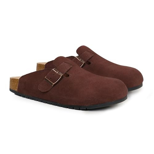 EVELLYHOOTD Women's Men's Suede Clogs Leather Mules Cork Footbed Sandals Comfort Potato Shoes with Arch Support(with Socks),Mocha | Amazon (US)