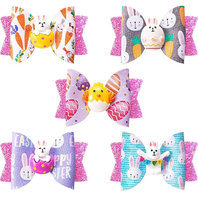 5 Pieces Easter Bows Clips Easter Glitter Faux Leather Bows Clips 3 Inch Double Layer Hair Bow Cl... | Amazon (US)