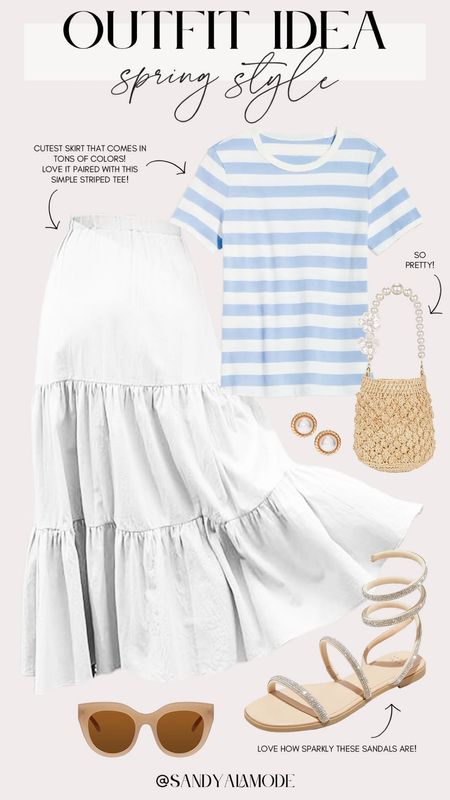 Casual spring style | how to style a maxi skirt for spring | striped spring tshirt | blue and white spring fashion | Target finds | Target ankle wrap sandals 

#LTKfindsunder100 #LTKSeasonal #LTKstyletip