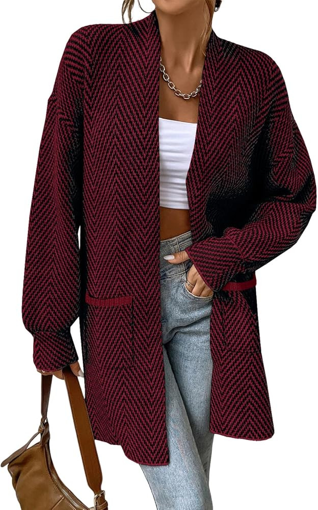 Sidefeel Womens 2025 Fall Outfits Long Sleeve Open Front Striped Cardigan Sweaters Chevron Chunky... | Amazon (US)