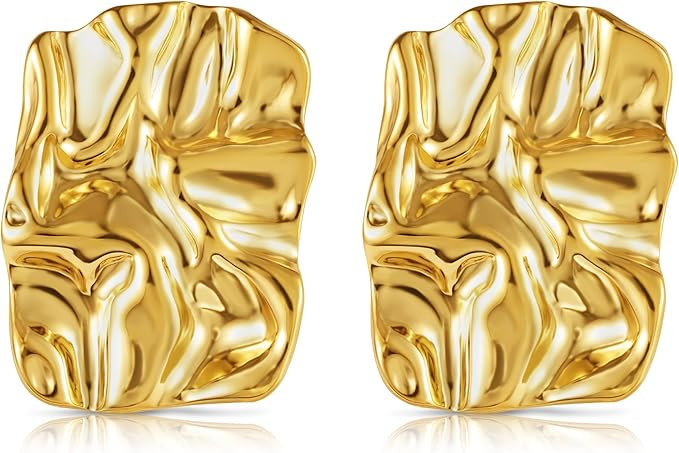 ALEXCRAFT Chunky Rectangle Stud Earrings for Women Silver 18K Gold Large Hammered Geometric State... | Amazon (UK)