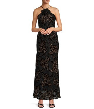 Bernice Floral Burnout 3D Rosette Halter Neck Sleeveless A-Line Maxi Dress | Dillard's