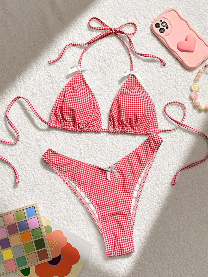 SHEIN Swim Mod Plaid Print Halter Neck Bikini Set With Separated Bottoms, Summer Beach | SHEIN