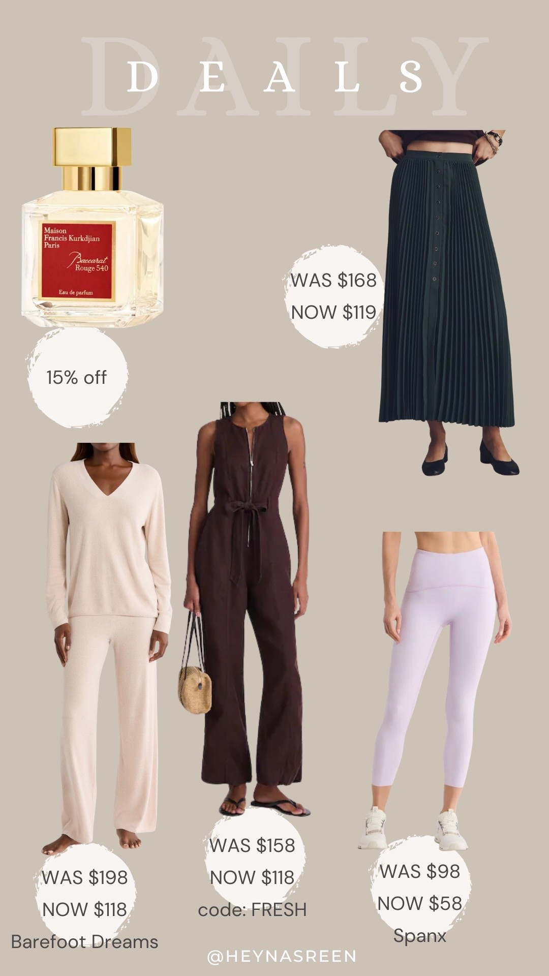 Daily deals on Baccarat Rouge perfume, Anthropologie skirt, Spanx leggings, Madewell jumpsuit, Barefoot Dream pajamas  