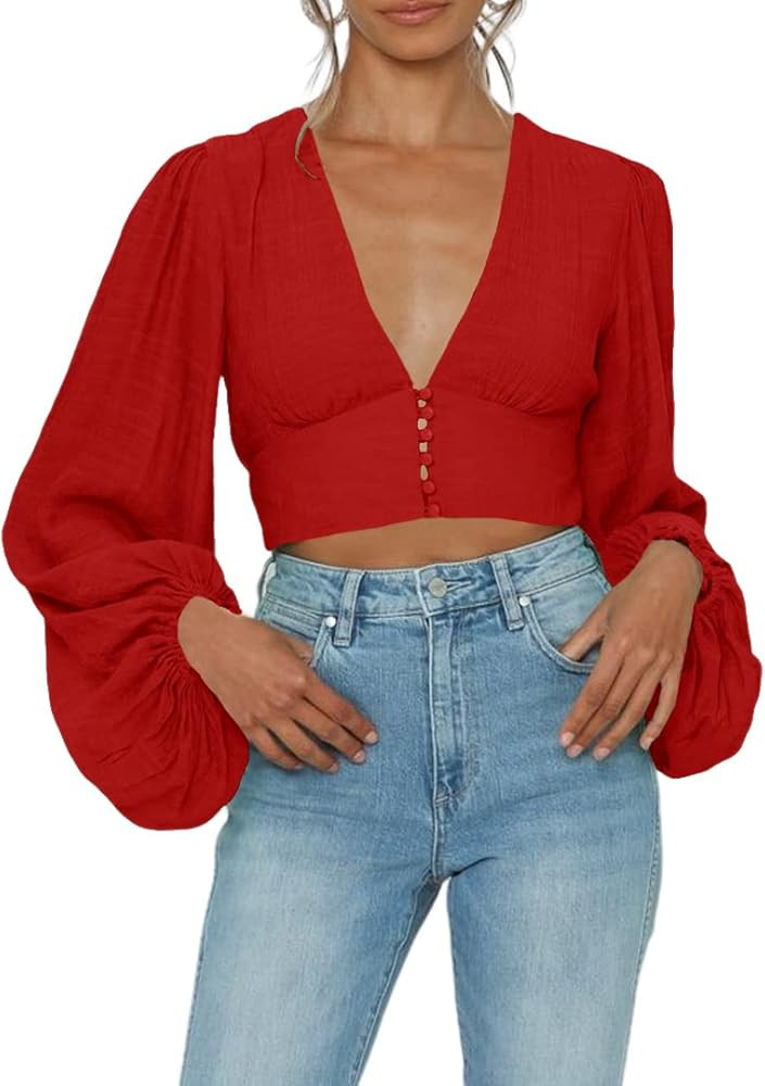 MIRACMODA Women Deep V Neck Puff Lantern Sleeve Crop Top Front Button Up Blouse Shirt | Amazon (US)