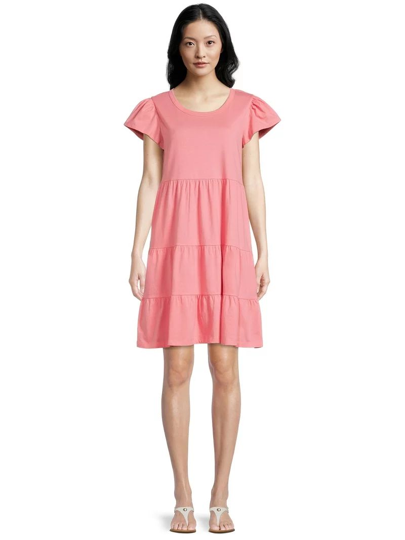 Time and Tru Women's Short Sleeve Tiered Knit Dress | Walmart (US)
