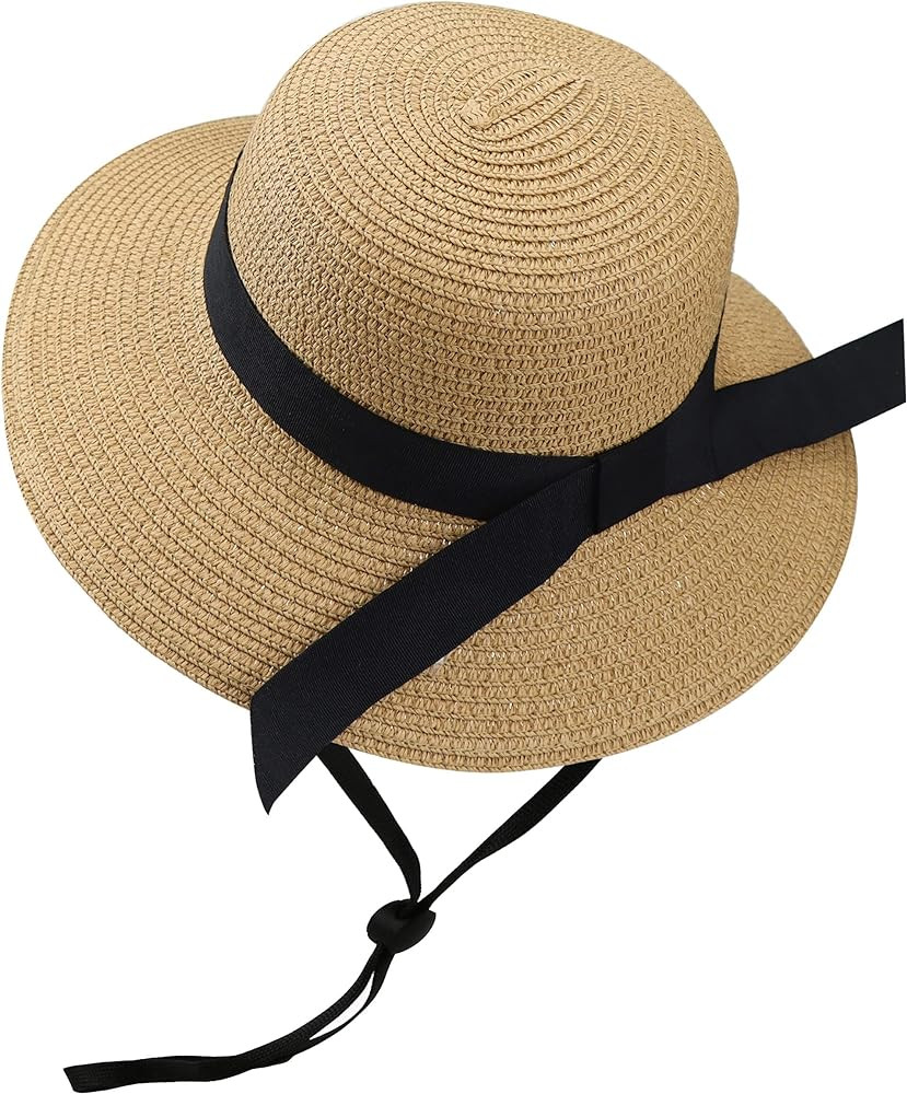 Girls Wide-Brim Straw Sun-Hat for Summer Beach with Bow | Amazon (US)