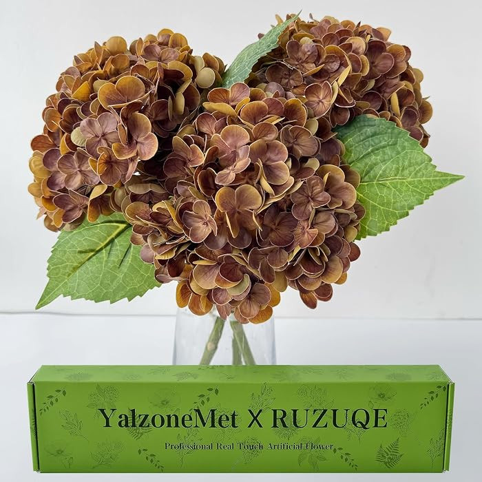 YalzoneMet 3 PCS Brown Hydrangea Artificial Flowers 21'' Real Touch Faux Latex Bronze Hydrangea F... | Amazon (US)
