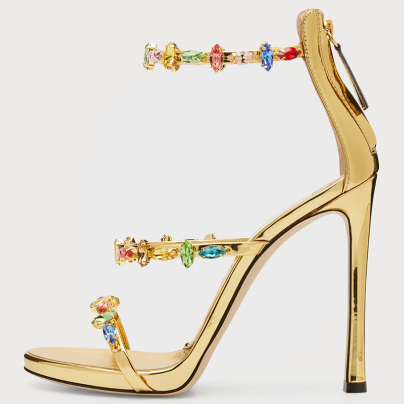 Women'S Gold Stiletto Heels Elegant Open Toe Zipper Sandal Wedding Rhinestones Shoes | FSJshoes