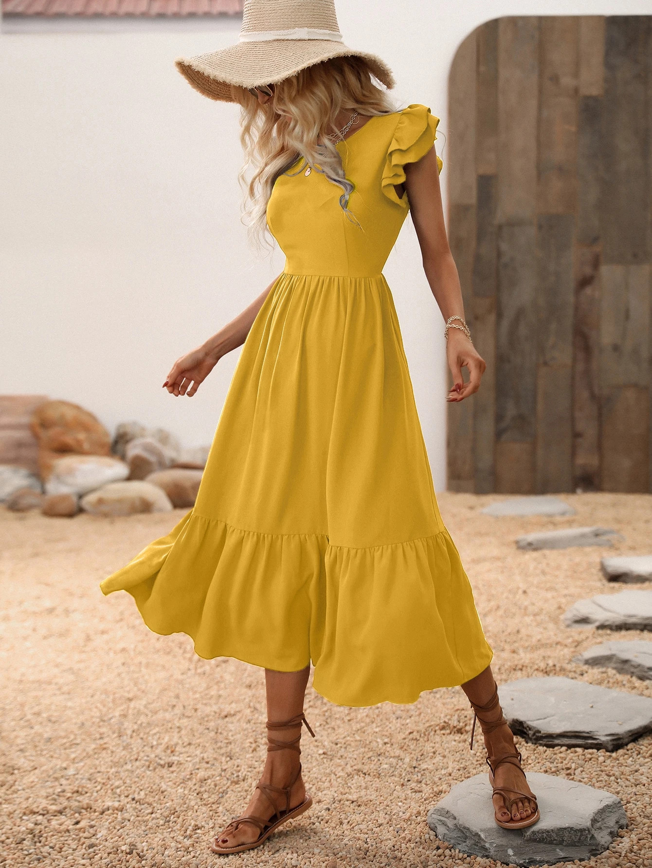 Butterfly Sleeve Ruffle Hem Dress | SHEIN