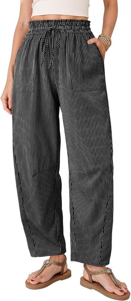 Dokotoo Women's Striped Barrel Casual Pants High Waisted 2026 Elastic Drawstring Trousers | Amazon (US)