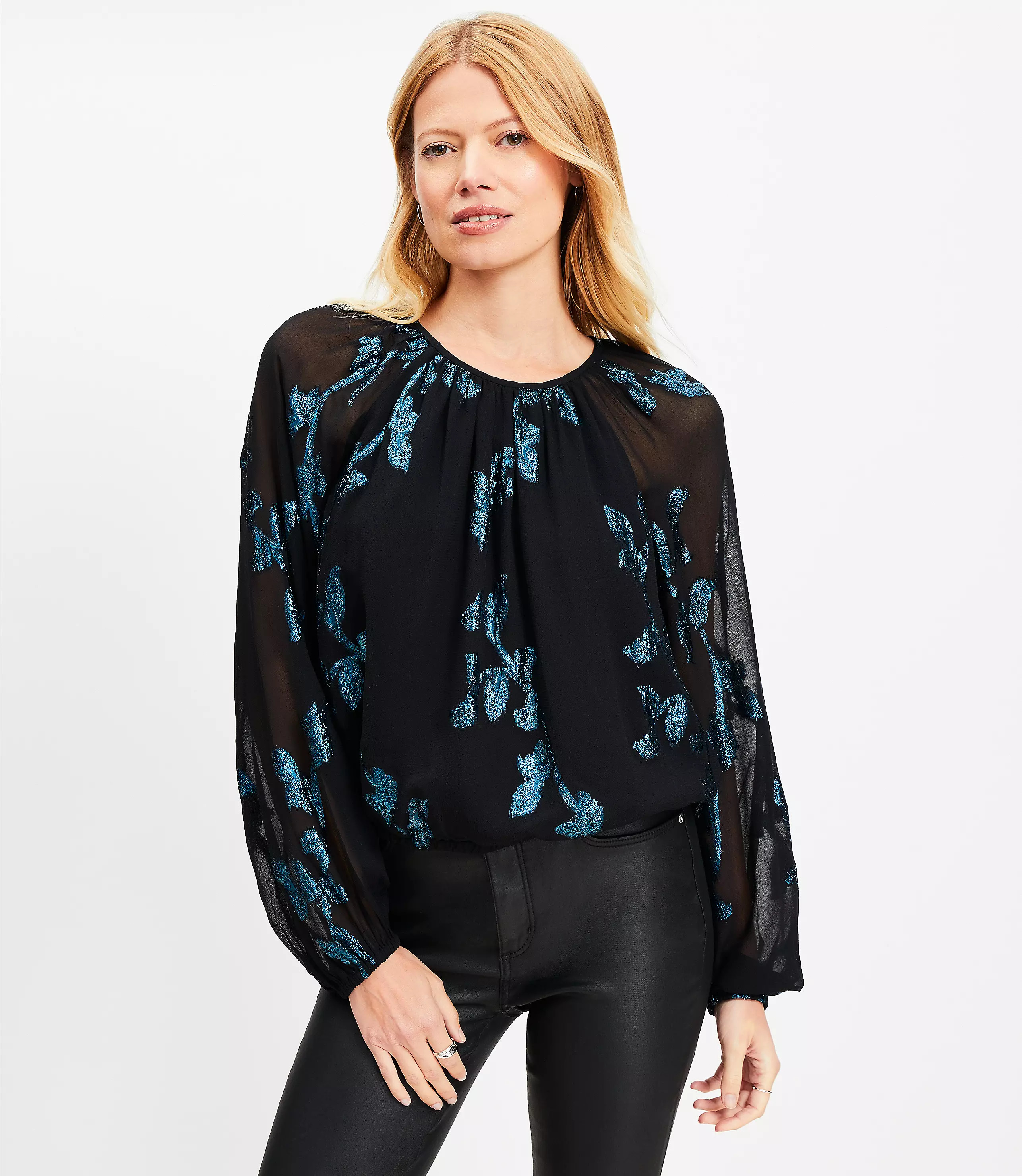 Metallic Jacquard Stretch Hem Blouse | LOFT