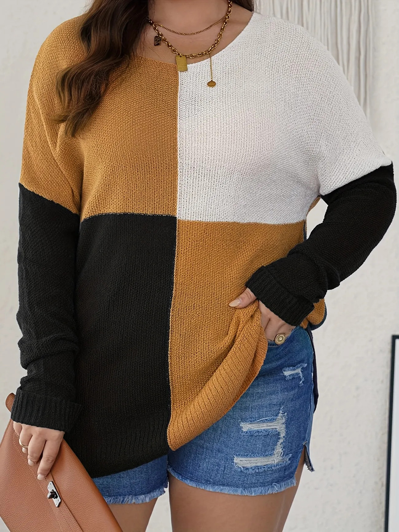 Plus Size Casual Sweater, Women's Plus Colorblock Long Sleeve Crew Neck Medium Stretch Split Pull... | Temu Affiliate Program