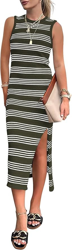 PRETTYGARDEN Women's Summer Bodycon Sundresses Casual Midi Sleeveless Hollow Out Knit Side Slit S... | Amazon (US)
