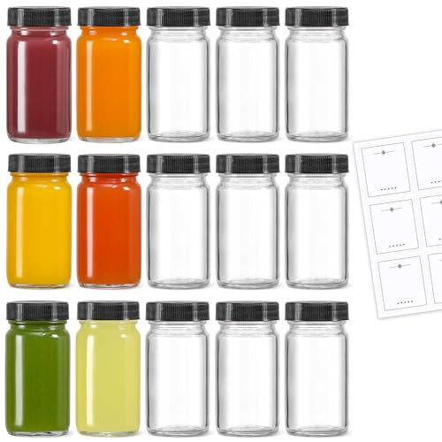 LANDNEOO 15 Pack 2 oz Glass Shot Mini Bottles w/Black Lids & 15 Labels - Small Clear Jar for Ginger, Wellness Shot, Juice, Sample, Whiskey - Travel Essentials - Wide Mouth, Leakproof, Dishwasher Safe | Amazon (US)