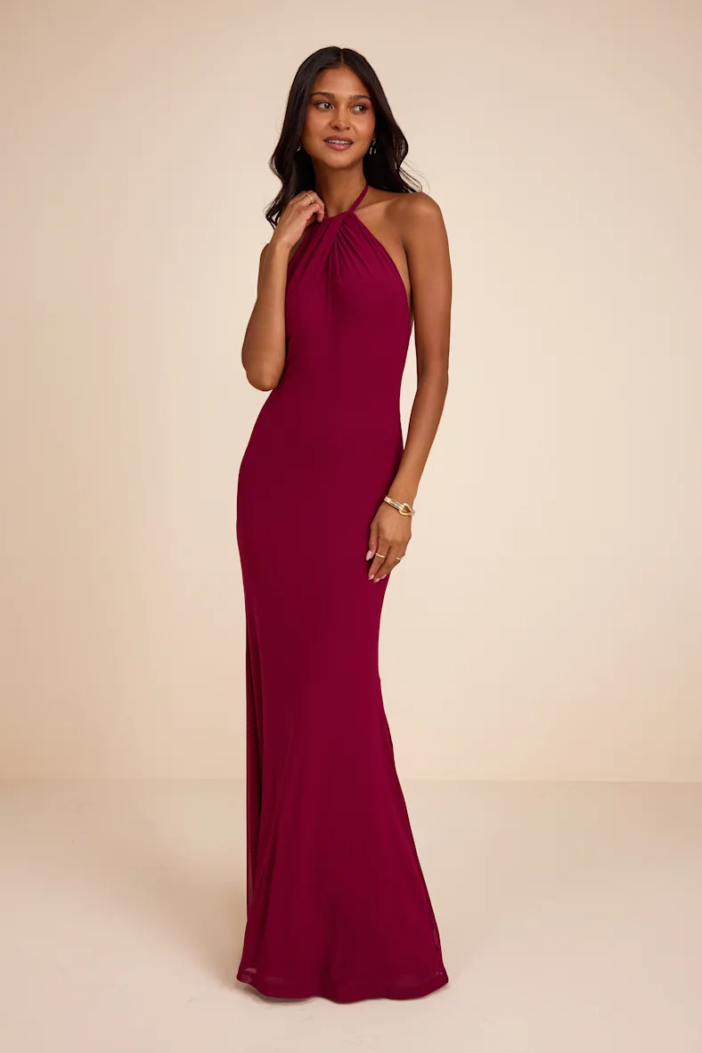 Adriel Berry Red Mesh Halter Mermaid Maxi Dress | Lulus