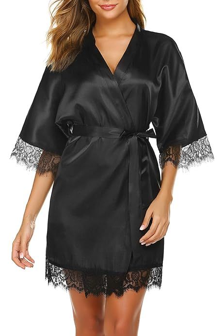 Hotouch Satin Rrobes for Women Silk Bathrobe Short Kimono Robes with Oblique V-Neck Bridesmaid Weddi | Amazon (US)