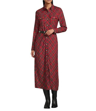 Plaid Point Collar Long Sleeve Belted Shirt Dress | Dillard's