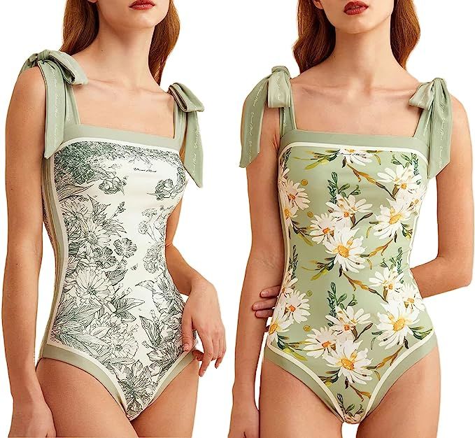 Women's Floral One Piece Swimsuits,Bathing Suit for Women Tummy Control Reversible Bustier Floral... | Amazon (US)