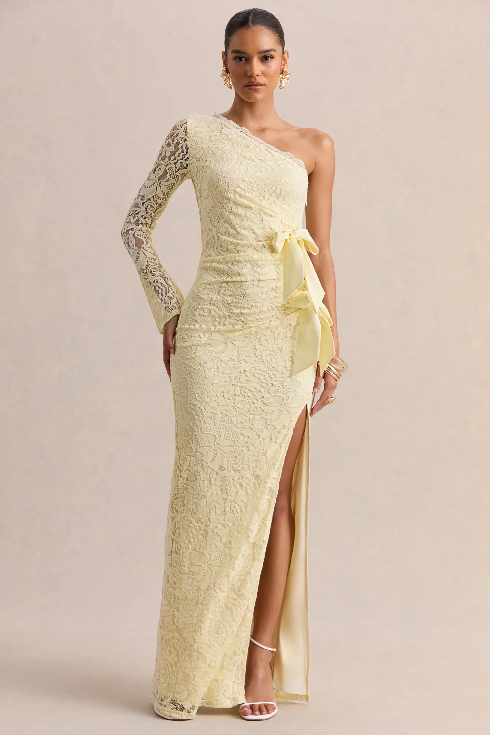 Norna | Lemon Lace Asymmetric-Neck Maxi Dress With Cut-Out And Bow Details | Club L London