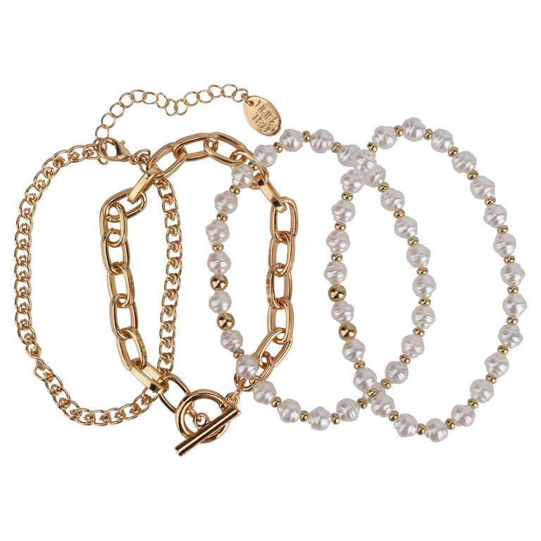 Time and Tru Women's Gold Tone and Faux Pearl Bracelet Set, 4-Piece - Walmart.com | Walmart (US)