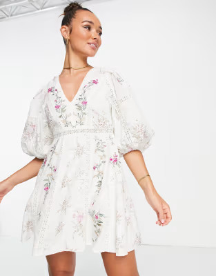 ASOS EDITION floral embroidered mini dress with lace inserts in cream | ASOS (Global)