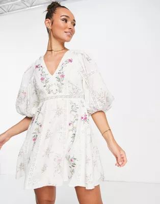 ASOS EDITION floral embroidered mini dress with lace inserts in cream | ASOS (Global)