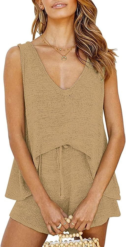 KIRUNO Women’s Sleeveless V Neck Pajama Sets Striped Print Knitted Drawstring Waist Belt Sleepwear N | Amazon (US)