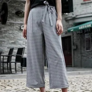Tie-Waist Gingham Wide Leg Pants | YesStyle Global