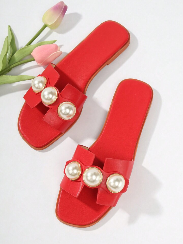 Fashionable Pearl Decorated Square Toed Women Flat Sandals | SHEIN