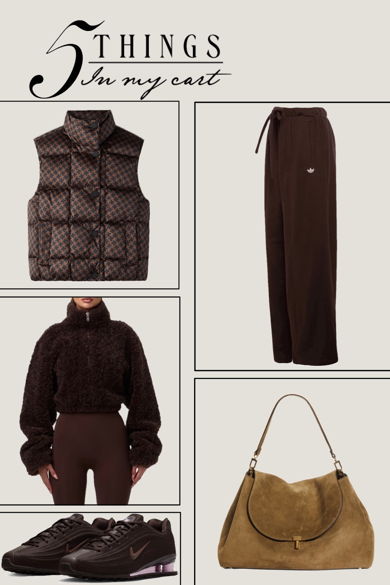 Five things in my cart 🤎

𝐻𝒾𝒾𝒾, 𝓁𝑜𝓋𝑒𝓁𝓎! 𝐹𝑜𝓁𝓁𝑜𝓌 𝓂𝓎 𝓈𝒽𝑜𝓅, 𝒶𝓃𝒹 𝑔𝑒𝓉 𝓂𝓎 𝑒𝓍𝒸𝓁𝓊𝓈𝒾𝓋𝑒 𝒶𝓅𝓅-𝑜𝓃𝓁𝓎 𝒸𝑜𝓃𝓉𝑒𝓃𝓉! 𝒮𝑜 𝑔𝓁𝒶𝒹 𝓎𝑜𝓊'𝓇𝑒 𝒽𝑒𝓇𝑒. 

chic, aesthetic, minimalist style, home, decor, ootd, dupe, y2k, boho, Amazon, Amazon fashion, Amazon home, Amazon beauty, winter home, winter decor, winter interior, winter fashion, winter style, holiday, seasonal, Christmas #vest #sweatpants #toteme handbag #nike sneakers #pullover shearling Nordstrom 

#LTKOver40 #LTKootd #LTKActive