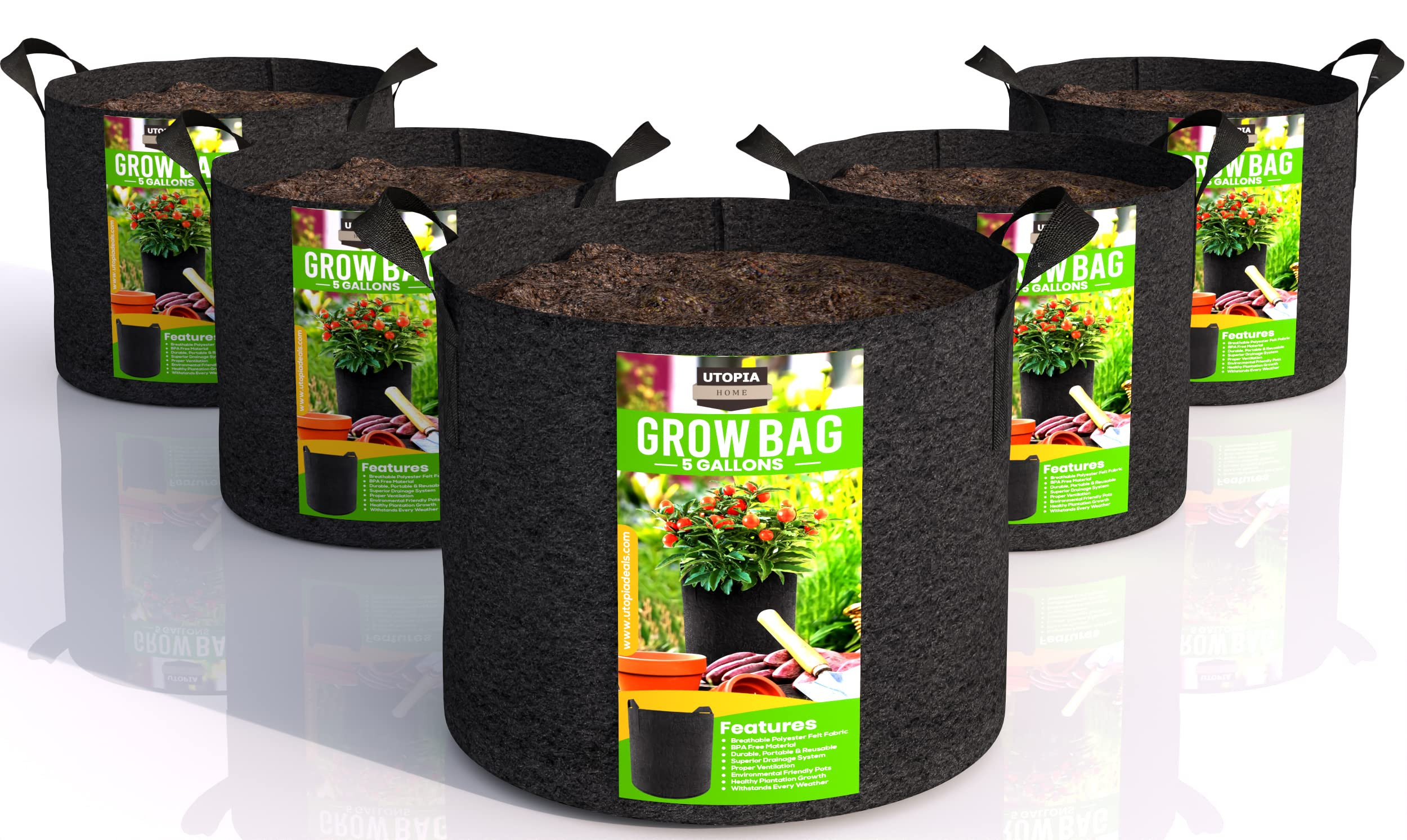 Utopia Home 5-Pack 5 Gallon Fabric Grow Bags, Heavy Duty Thickened Fabric Planters Pots, Aeration... | Amazon (US)