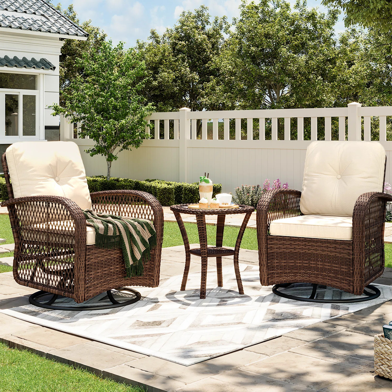 3-piece Wicker Patio Furniture Set, Outdoor Wicker Swivel Rocking Chair With Cushions And Rattan ... | Wayfair North America