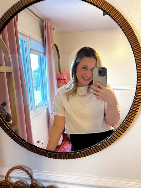 Todays pregnancy outfit / leggings are maternity and crop top is not, linked my gold mirrors, pink curtains, curtain rod, glider, pink lamp and gold jewelry #nursery #girlsroom #maternity 

#LTKhome #LTKbaby #LTKbump