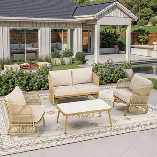 Nyajiah 4-Piece Wicker Patio Conversation Set Outdoor Rope Glider Chair Set with Beige Cushions | The Home Depot
