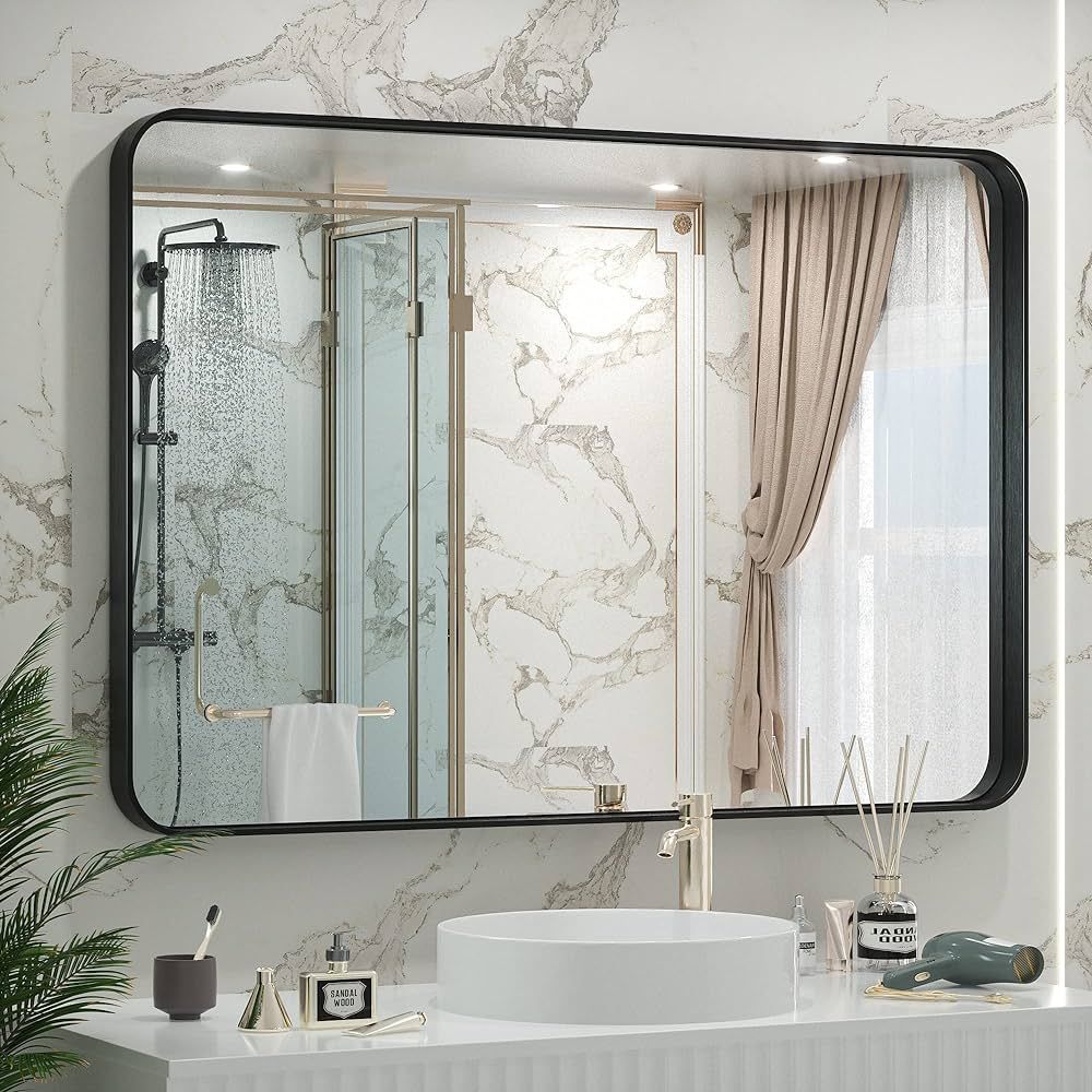 TETOTE 40x30 Inch Black Frame Mirror, Bathroom Vanity Mirror for Wall, Modern Rectangle Round Cor... | Amazon (US)