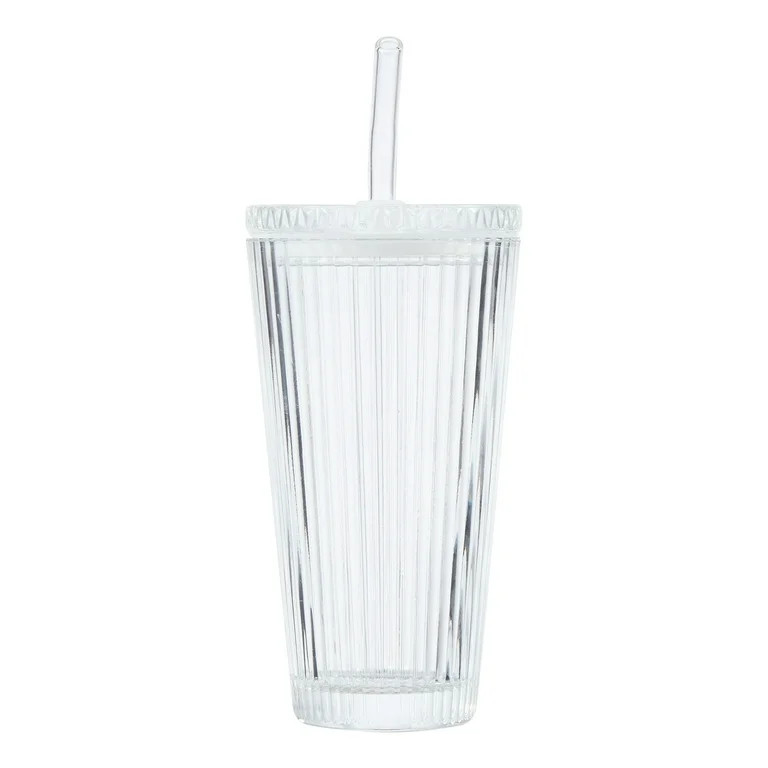 Better Homes & Gardens Glass 21oz Tumbler Ribbed with Glass Lid and Straw | Walmart (US)