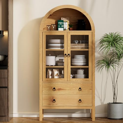 71" Tall Arched Cabinet with Glass Doors, Kitchen Pantry Cabinet, Wood Arched Bookshelf With Doors and Drawers, Modern Display Storage Cabinets for Living Room, Dining Room (Farmhouse, Natural) | Amazon (US)