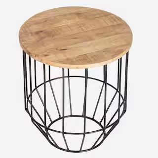Madeleine Home Kelis 18 in. Black Cage Round Natural Wood Side Table | The Home Depot