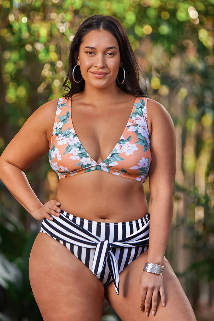 Floral and Striped Plus Size Bikini | Cupshe