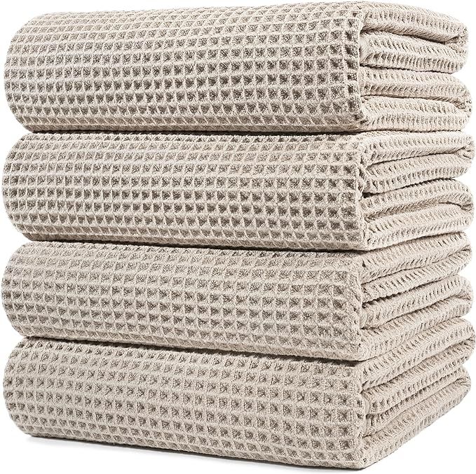 POLYTE Microfiber Oversize Quick Dry Lint Free Bath Towel, 60 x 30 in, 4 Pack (Beige, Waffle Weav... | Amazon (US)
