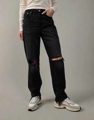 AE Strigid Ripped Super High-Waisted Baggy Straight Jean | American Eagle Outfitters (US & CA)