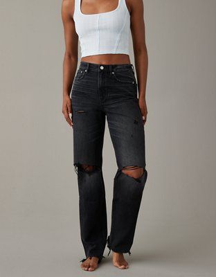 AE Strigid Ripped Super High-Waisted Baggy Straight Jean | American Eagle Outfitters (US & CA)