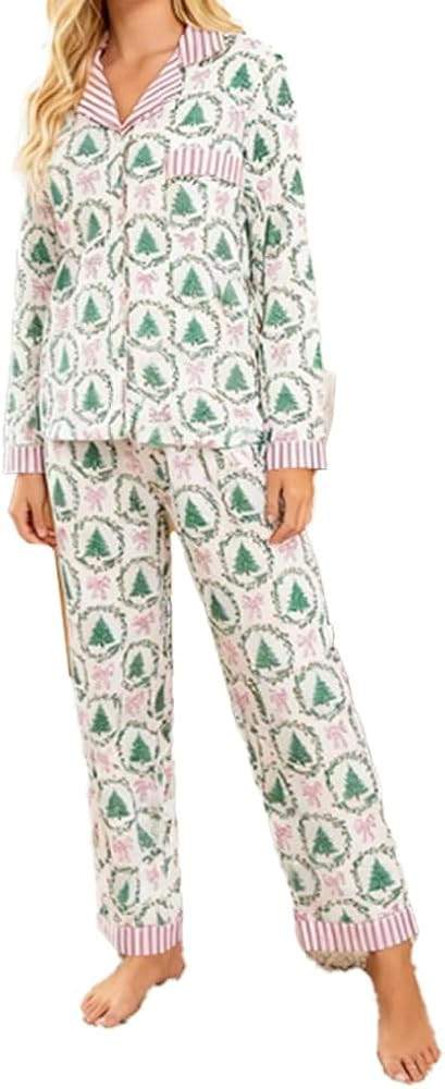 ANGAO Comfortable 2-Piece Pajama Set, Christmas Trees and Bows Pj Set, Contrast Striped Banding L... | Amazon (US)