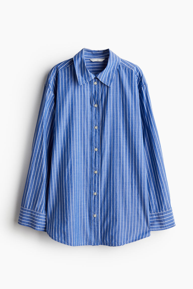 Loose-Fit Cotton Shirt - Long sleeve - Long - Blue/white striped - Ladies | H&M US | H&M (US + CA)